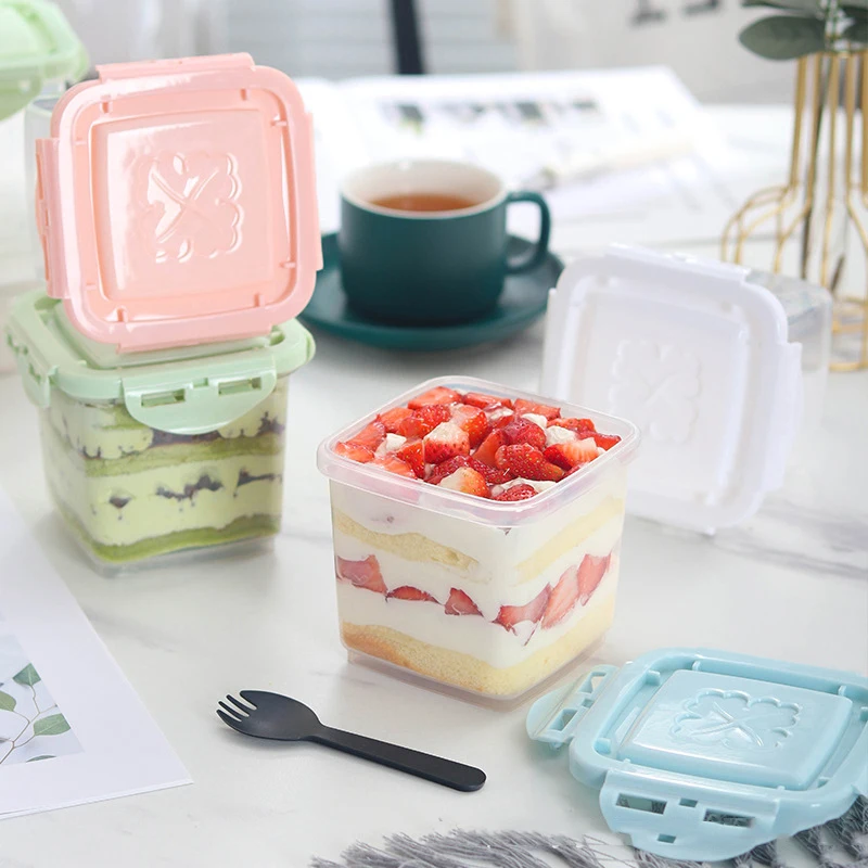 Caja de pastel reutilizable de Mousse de mil capas con tenedor, cuchara de fruta, caja de embalaje de postre, helado de tiramisú, caja de leche de soja