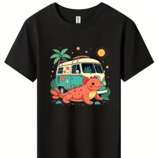 Camiseta de algodón con dibujos de animales y Camper Van, camiseta negra con lagarto y Camper Van, camisetas de verano de aventura
