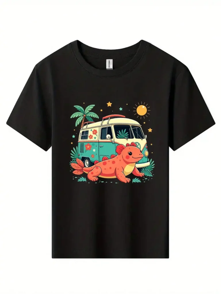 Camiseta de algodón con dibujos de animales y Camper Van, camiseta negra con lagarto y Camper Van, camisetas de verano de aventura