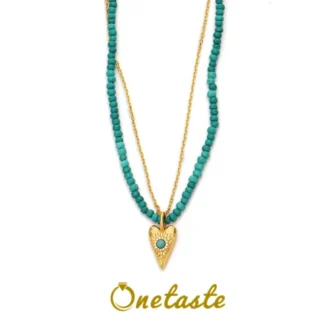 Collar llamativo multicapa de cadena doble con cuentas turquesas chapadas en oro y plata 925, collares apilados de moda con dije de corazón para mujer