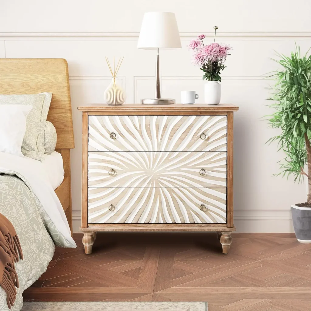 Royalcraft Cómoda de 3 cajones con cajones tallados con patrón, cómoda vintage de 3 cajones para dormitorio, mesita de noche ancha con patas de calabaza