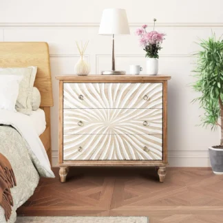 Royalcraft Cómoda de 3 cajones con cajones tallados con patrón, cómoda vintage de 3 cajones para dormitorio, mesita de noche ancha con patas de calabaza