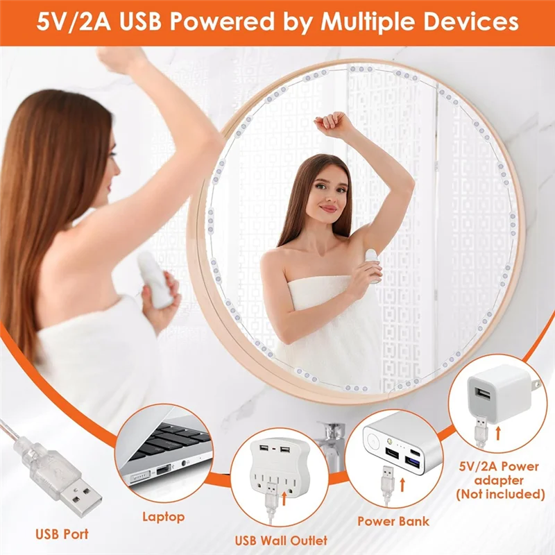 ABJT-LED Luces de tocador para espejo, luces para tocador de maquillaje, 20X3 LED USB 5V Luces de espejo de 3 colores, espejo no incluido