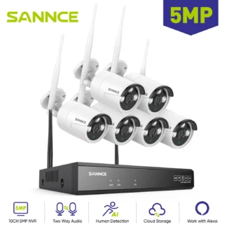 SANNCE-cámara IP con Wifi para exteriores, Kit de vigilancia de seguridad con Audio inalámbrico bidireccional, NVR, 6 piezas, 5MP, 10 canales