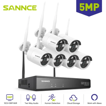 SANNCE-cámara IP con Wifi para exteriores, Kit de vigilancia de seguridad con Audio inalámbrico bidireccional, NVR, 6 piezas, 5MP, 10 canales