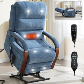 MLG Power Silla reclinable de chenilla azul con doble motor, posición infinita de hasta 350 libras con reposabrazos de madera maciza, masaje térmico