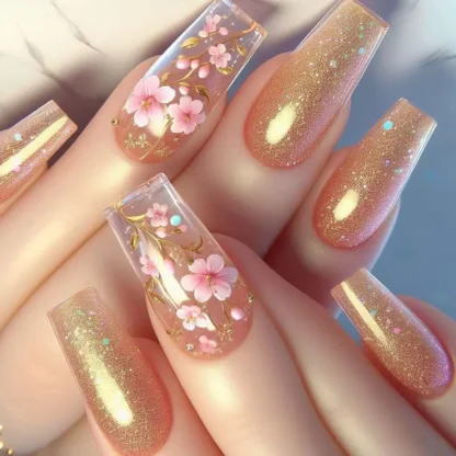 24 Uds. De flores en relieve 3D, ataúd mediano, prensa en las uñas con pegamento, brillo dorado para Spice Girls, uñas postizas desmontables