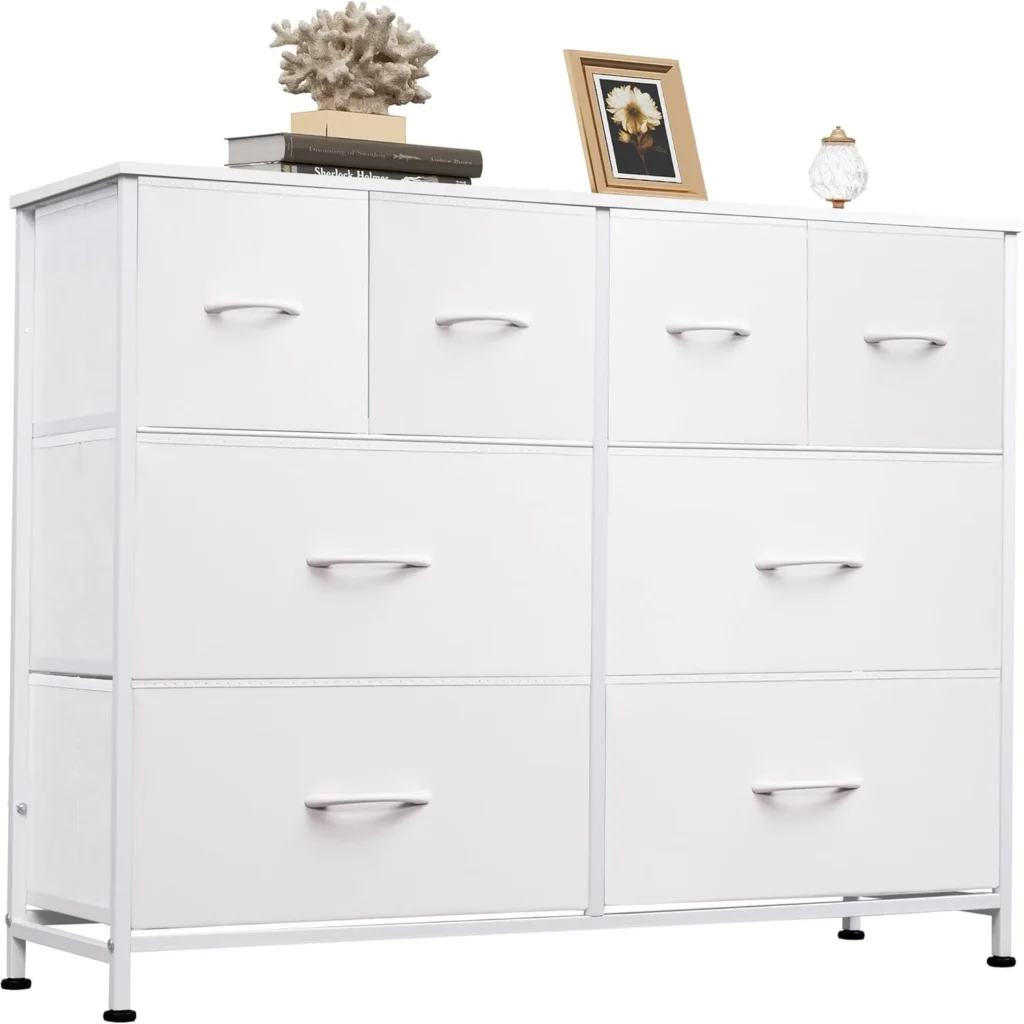 Cómoda para dormitorio con 8 cajones, cómoda ancha de tela para almacenamiento y organización, cómoda para dormitorio, cómoda, blanca