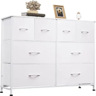 Cómoda para dormitorio con 8 cajones, cómoda ancha de tela para almacenamiento y organización, cómoda para dormitorio, cómoda, blanca