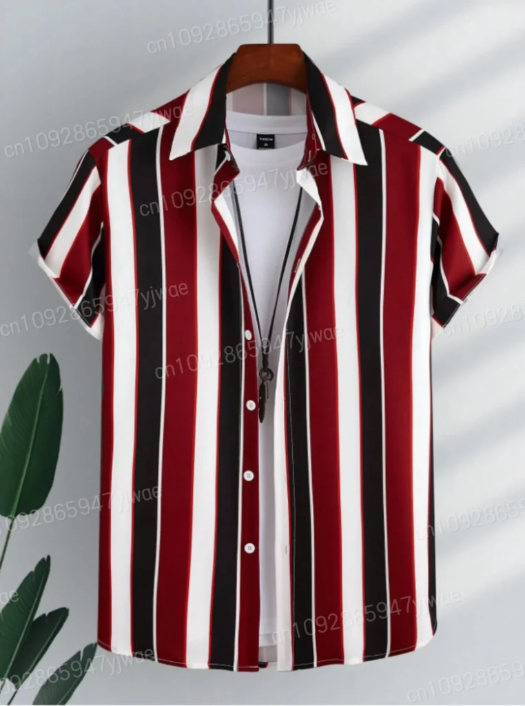Camisas informales de verano para hombre, camisa hawaiana de manga corta con estampado de rayas para hombre, pantalón corto informal con una hilera de botones, ropa para hombre