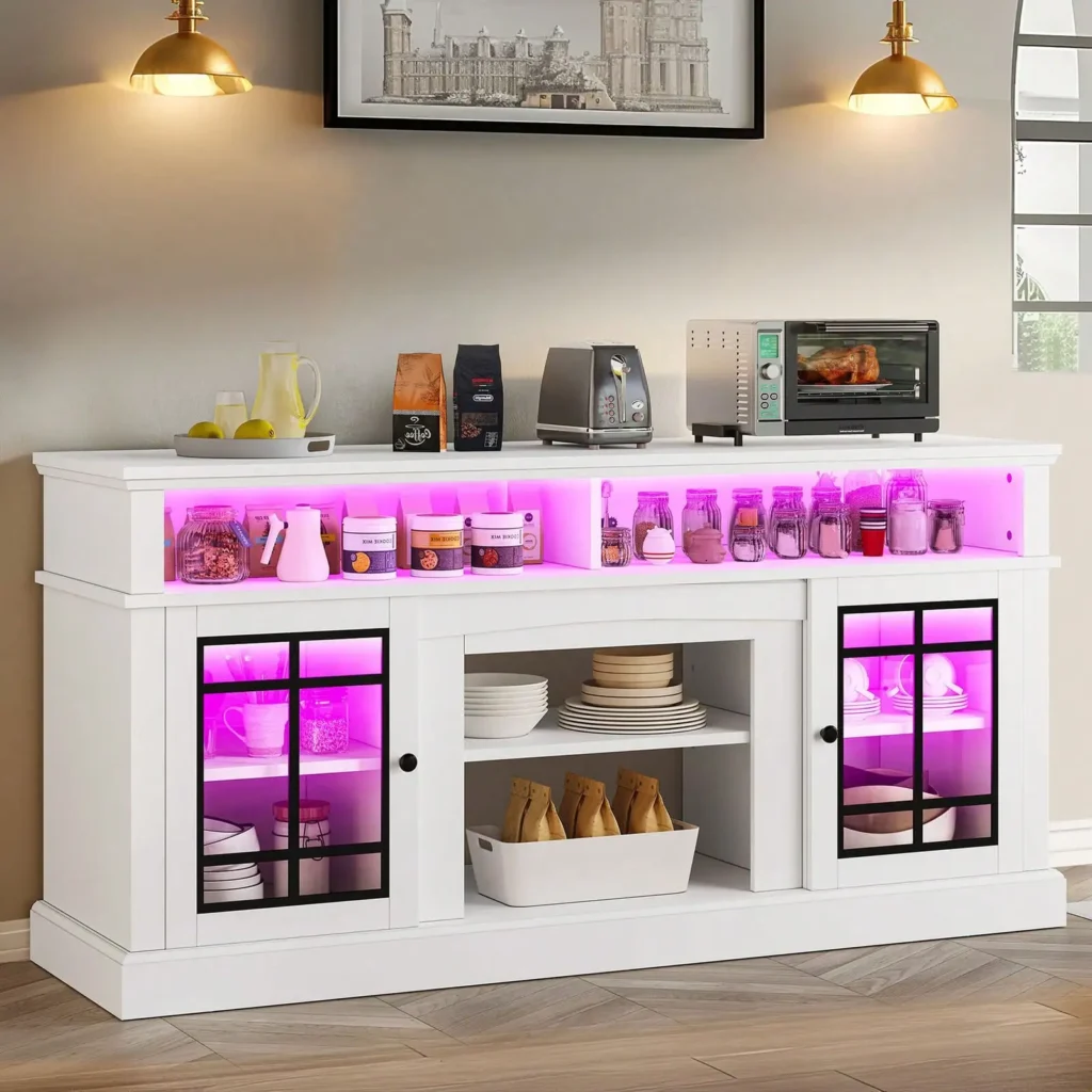Aparador de granja de 65 pulgadas, mueble tipo buffet con mesa de bar de cocina con luz LED