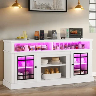 Aparador de granja de 65 pulgadas, mueble tipo buffet con mesa de bar de cocina con luz LED
