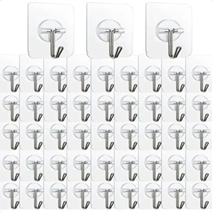 Paquete de 100 ganchos adhesivos para pared, ganchos autoadhesivos de alta resistencia de 24 libras máximos, ganchos de pared adhesivos reutilizables transparentes para colgar