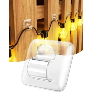 Ganchos para clips de luces de cadena al aire libre: paquete de 25 tiras adhesivas impermeables con gancho de luz grande y transparente cuadrado para colgar en el exterior
