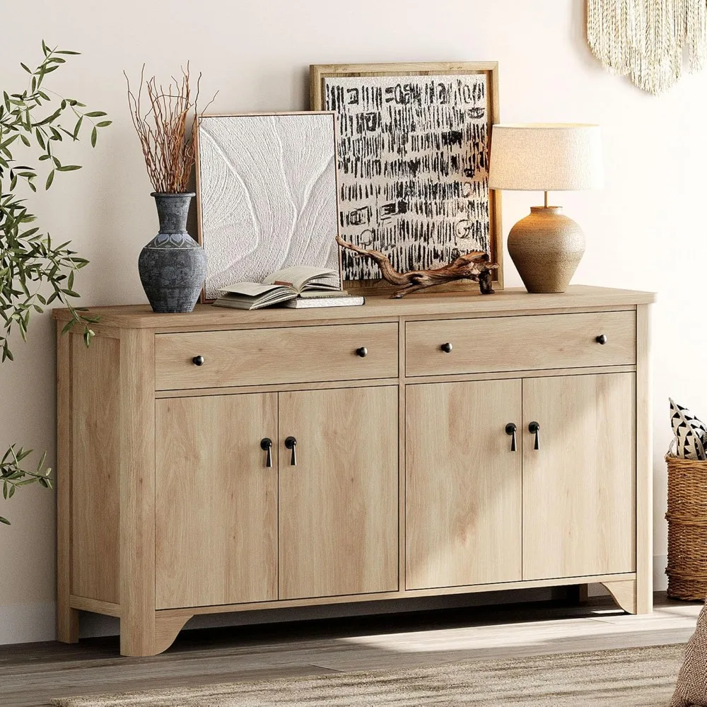 Aparador Buffet con almacenamiento - Gabinete buffet de granja grande de 59" con 2 cajones y 4 puertas, estantes ajustables