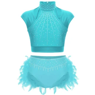 Traje de baile de Jazz para niñas, Top corto sin mangas con diamantes de imitación brillantes y falda de bragas de plumas para patinaje artístico y gimnasia