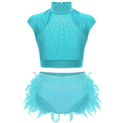 Traje de baile de Jazz para niñas, Top corto sin mangas con diamantes de imitación brillantes y falda de bragas de plumas para patinaje artístico y gimnasia