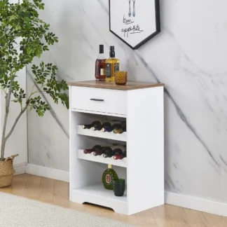 Estante de vino para almacenamiento de 8 botellas con cajón, estante de exhibición de madera, soporte para vino, color blanco
