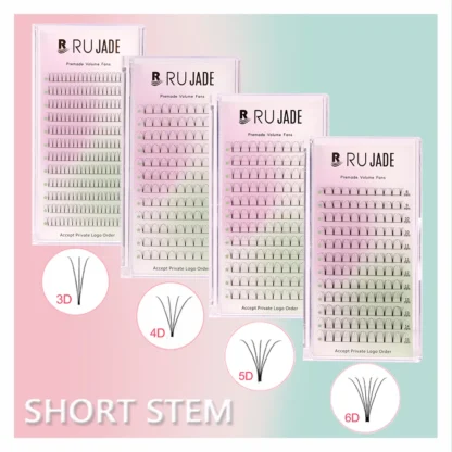 Rujade ventiladores de volumen prefabricados vástago corto volumen ruso bandejas de pestañas 3d 4d 5d 6d Corea Pbt fibra volumen prefabricado extensiones de pestañas