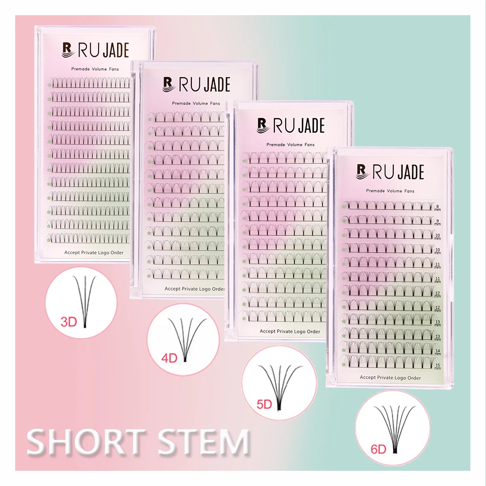 Rujade ventiladores de volumen prefabricados vástago corto volumen ruso bandejas de pestañas 3d 4d 5d 6d Corea Pbt fibra volumen prefabricado extensiones de pestañas