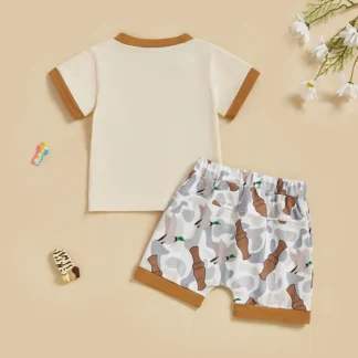 Conjunto de traje de verano para niños con manga corta, cuello redondo, estampado de pato y pantalones cortos con cordón, conjunto informal a juego para niños