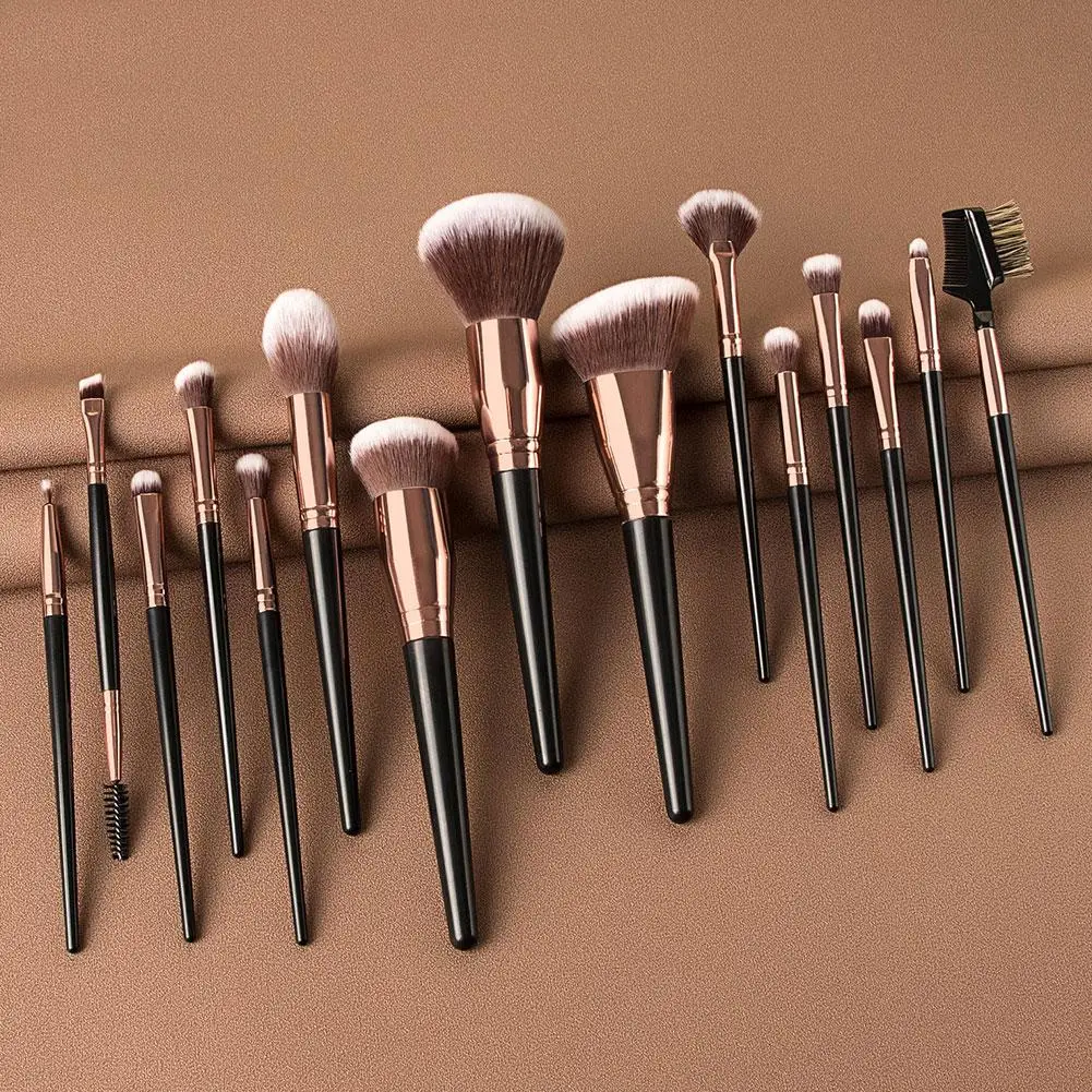 15 Uds. Brochas de maquillaje profesionales, base en polvo suelto, colorete, brocha para contorno de cara, herramientas de maquillaje color champán dorado, 1 Juego