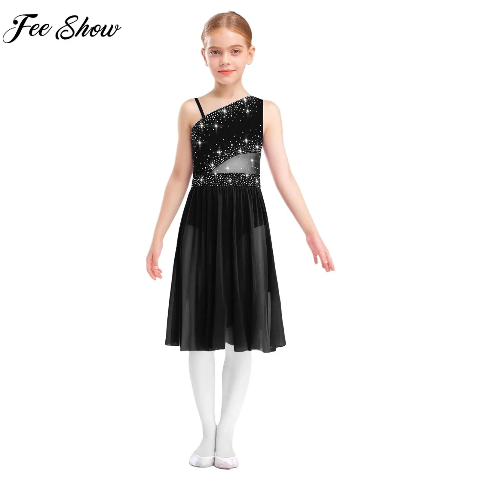 6-16Y niñas brillantes diamantes de imitación danza lírica patinaje artístico gimnasia leotardo vestido un hombro malla transparente mono Ropa de baile