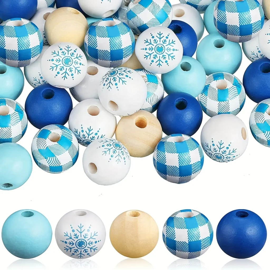 50 Uds. Cuentas de madera con diseño de copo de nieve de 16mm, cuentas redondas de madera a cuadros, cuentas artesanales DIY, decoración para fiesta en casa
