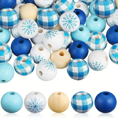 50 Uds. Cuentas de madera con diseño de copo de nieve de 16mm, cuentas redondas de madera a cuadros, cuentas artesanales DIY, decoración para fiesta en casa