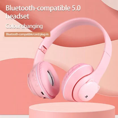 1 Juego de auriculares plegables con luz RGB en forma de oso, compatibles con Bluetooth 5,0, inalámbricos, accesorios para ordenador