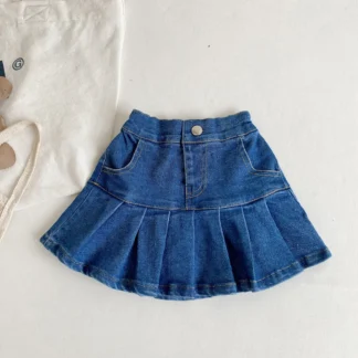 Falda plisada de mezclilla para niñas, pantalones de cintura elástica de estilo coreano, Azul, de 1 a 8 años, verano, 2023