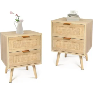 Juego de 2 mesitas de noche con cajón de ratán, mesita de noche moderna para dormitorios, mesita de noche de madera con 2 cajones, mesa auxiliar