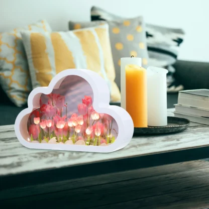 1 Juego de lámpara de noche de nube de tulipán, marco de fotos rosa DIY, decoración de dormitorio, lámpara de mesa con luz Floral brillante, brillo suave