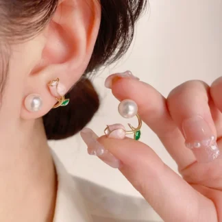 Pendientes con pasador de flor de tulipán y perla esmaltada para mujer, aretes colgantes en la espalda con temperamento coreano, joyería de moda
