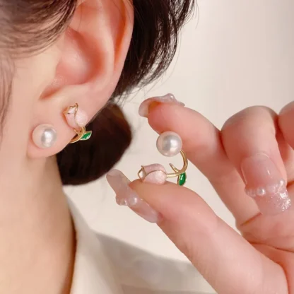 Pendientes con pasador de flor de tulipán y perla esmaltada para mujer, aretes colgantes en la espalda con temperamento coreano, joyería de moda