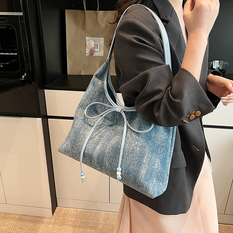 Bolso de mano de mezclilla bohemio con lazo de diamantes de imitación, bolso de hombro universitario de gran capacidad para viajes diarios y uso diario, envío gratis