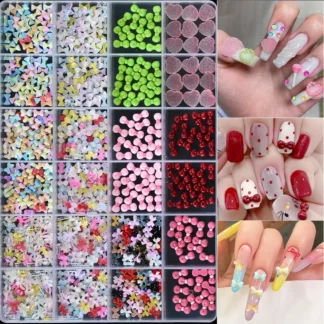 24 rejillas 3D japonés Mini arco colorido decoración de uñas, Color caramelo de dibujos animados Mini Kawaii resina DIY lindas pequeñas piezas de manicura
