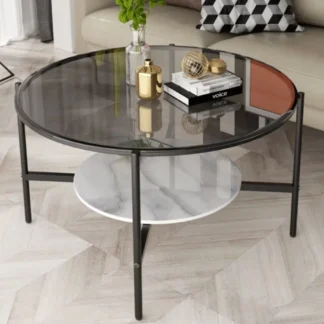 LUVODI Mesa de centro redonda moderna de 2 niveles, mesa decorativa circular para sofá de sala de estar con tablero de vidrio templado
