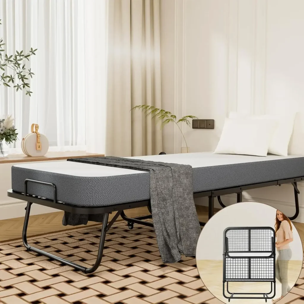 Cama plegable, cama doble de 79 x 37 pulgadas con colchón de espuma viscoelástica de 5,3 pulgadas de grosor, cama plegable portátil para invitados con marco de metal resistente sobre ruedas