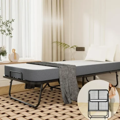 Cama plegable, cama doble de 79 x 37 pulgadas con colchón de espuma viscoelástica de 5,3 pulgadas de grosor, cama plegable portátil para invitados con marco de metal resistente sobre ruedas