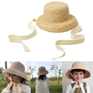 Gorra de paja tejida a mano para niños y niñas, sombrero flexible, gorra de pesca de ala ancha, sombrero de vacaciones, QX2D