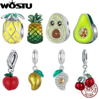 WOSTU-abalorio de frutas de Plata de Ley 925, colgante de Mango de doble cara, cuentas coloridas esmaltadas aptas para pulsera Original DIY, regalo de verano