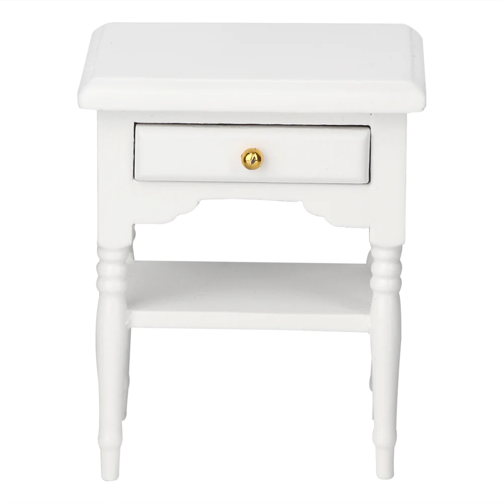 Mini artículos de decoración de dormitorio blancos 1:12, mesita de noche de madera, modelo