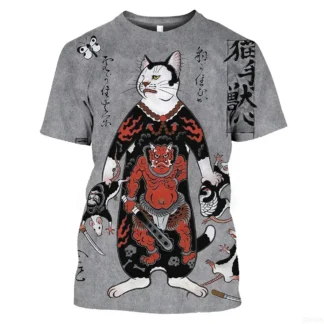 Nueva camiseta Retro de estilo japonés para hombre, Top de manga corta con estampado de tatuaje de gato en 3D, Camiseta de cuello redondo, ropa para hombre