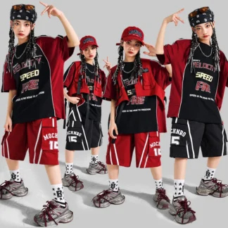 Moda adolescente Hiphop trajes de baile de Jazz camiseta pantalones cortos conjunto de ropa para niño niña Hip Hop estilo callejero traje ropa de escenario