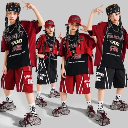 Moda adolescente Hiphop trajes de baile de Jazz camiseta pantalones cortos conjunto de ropa para niño niña Hip Hop estilo callejero traje ropa de escenario