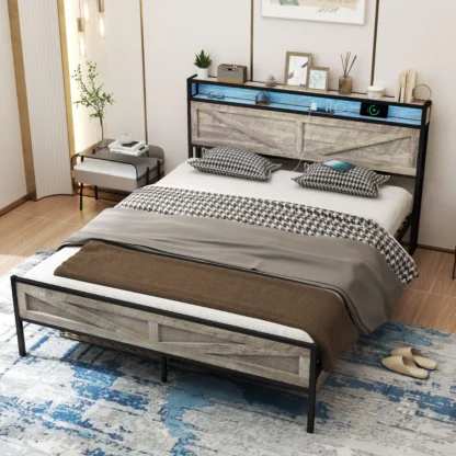 Vabches Marco de cama tamaño queen/completo con cabecera de almacenamiento Marco de cama con plataforma de madera y metal con estación de carga y luces LED para dormitorio