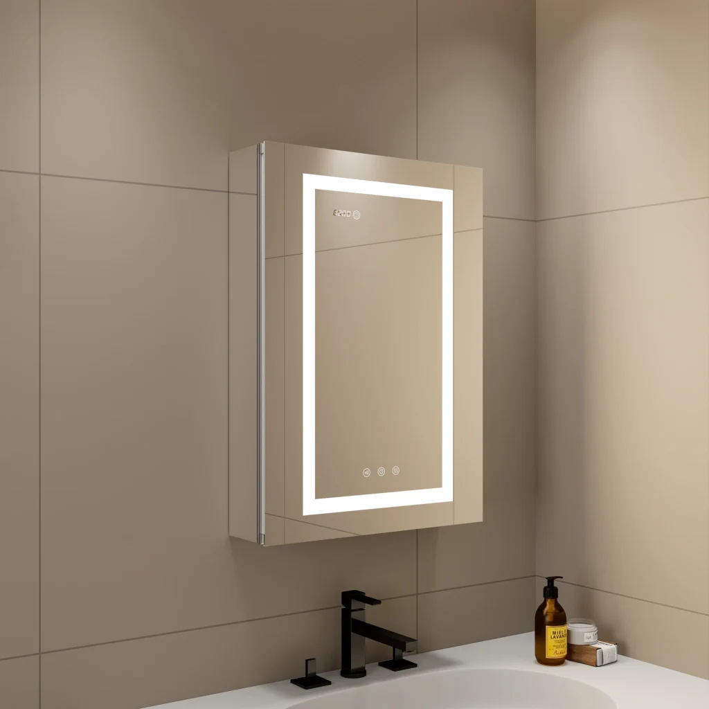 Reloj desempañador con Interruptor táctil de tocador moderno y pantalla de temperatura, mueble de baño de medicina inteligente con espejo LED