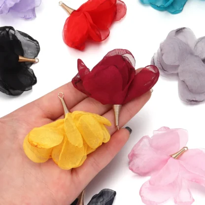 10 unids/lote de colgantes de flores de gasa coloridos, pendientes colgantes con borlas de flores de tela de 5cm para llavero DIY, accesorios para hacer joyas