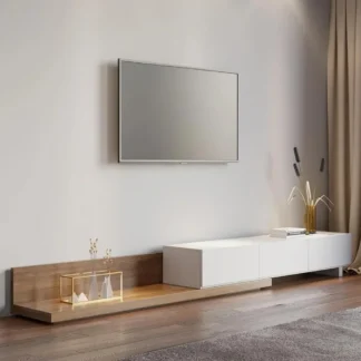 Soporte de TV extensible de madera, centro de entretenimiento rectangular con estantes y cajones, consola multimedia blanca y de nogal para sala de estar y dormitorio